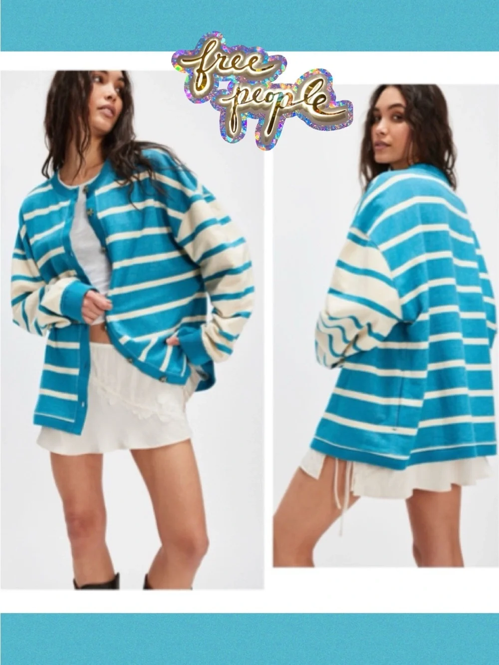 Free People We the Free Classic Striped Cardigan in Teal Combo Size Small